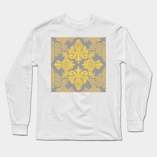 Golden Folk - doodle pattern in yellow & grey Long Sleeve T-Shirt by micklyn